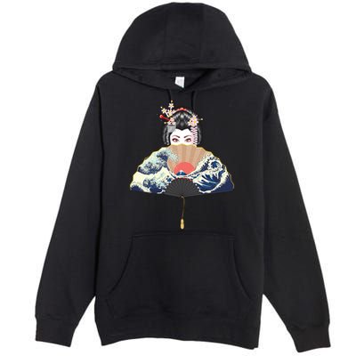 Geisha Hiding Behind Fan Wave Retro Japanese Art Graphic Premium Pullover Hoodie