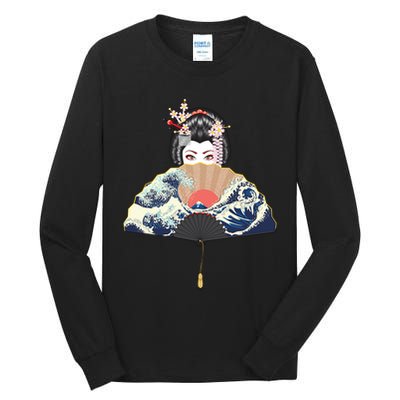 Geisha Hiding Behind Fan Wave Retro Japanese Art Graphic Tall Long Sleeve T-Shirt