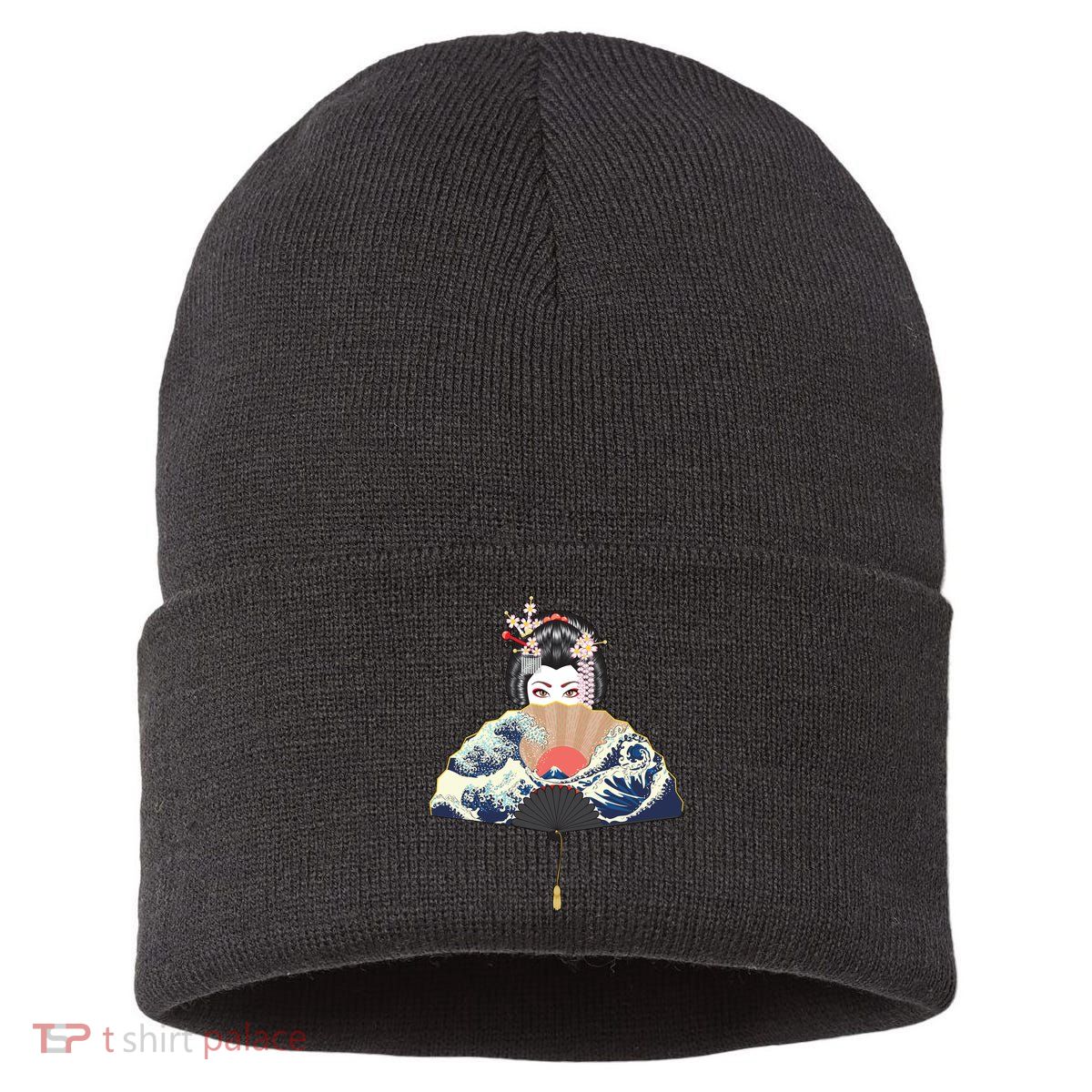 Geisha Hiding Behind Fan Wave Retro Japanese Art Graphic Sustainable Knit Beanie