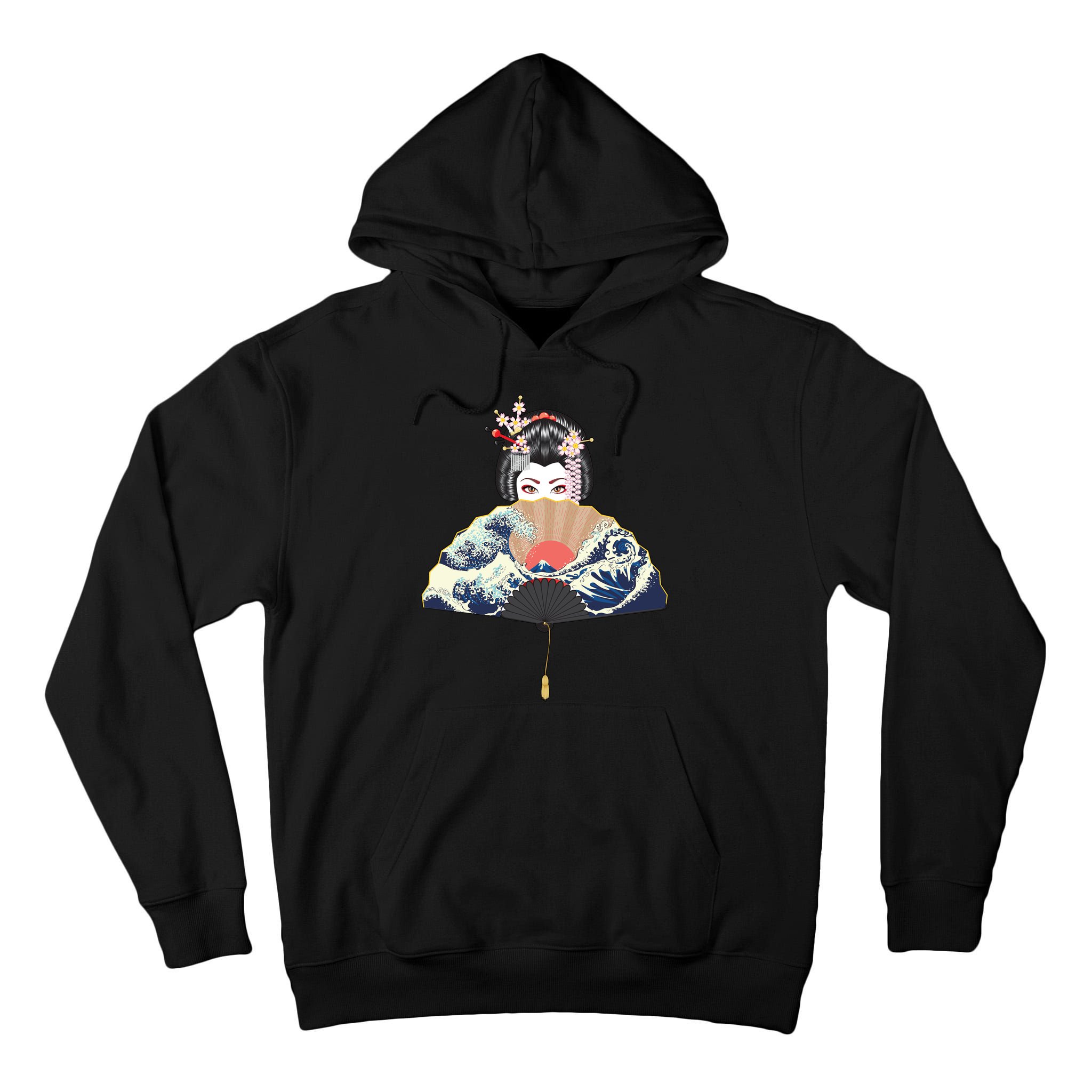 Geisha Hiding Behind Fan Wave Retro Japanese Art Graphic Tall Hoodie