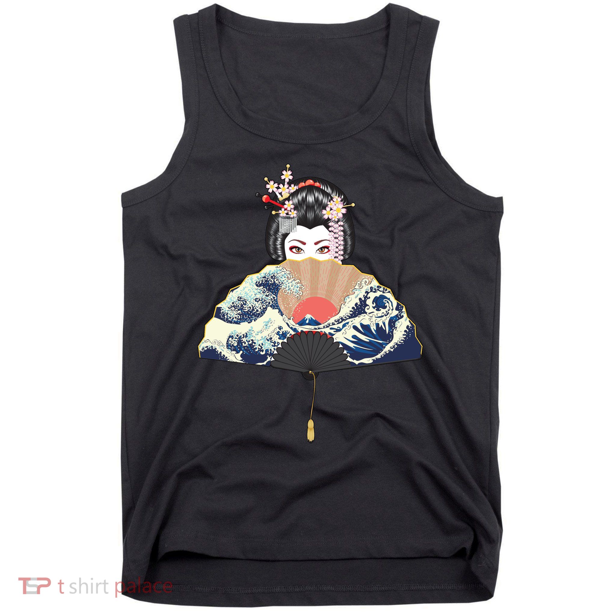 Geisha Hiding Behind Fan Wave Retro Japanese Art Graphic Tank Top