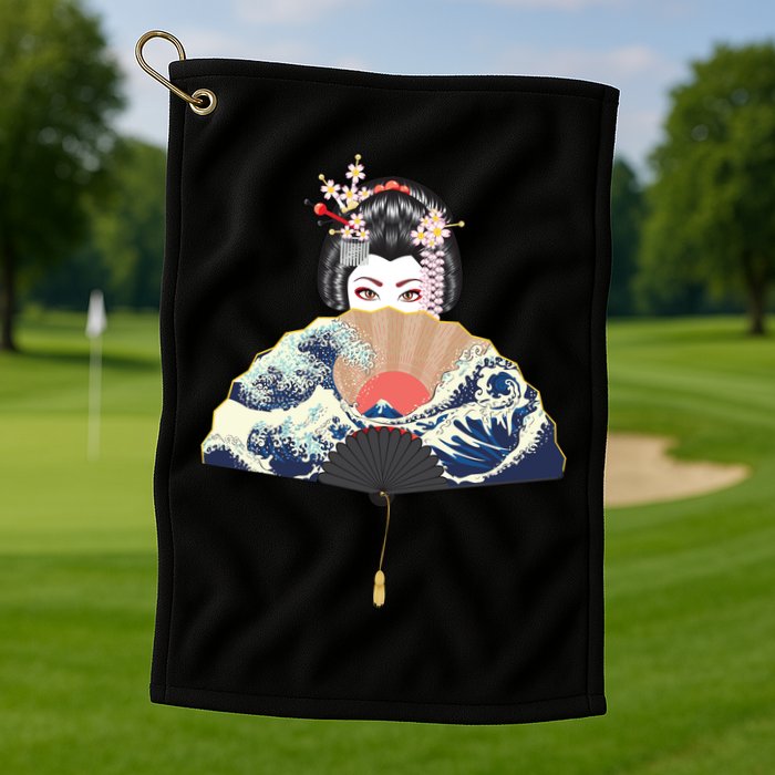 Geisha Hiding Behind Fan Wave Retro Japanese Art Graphic Golf Towel