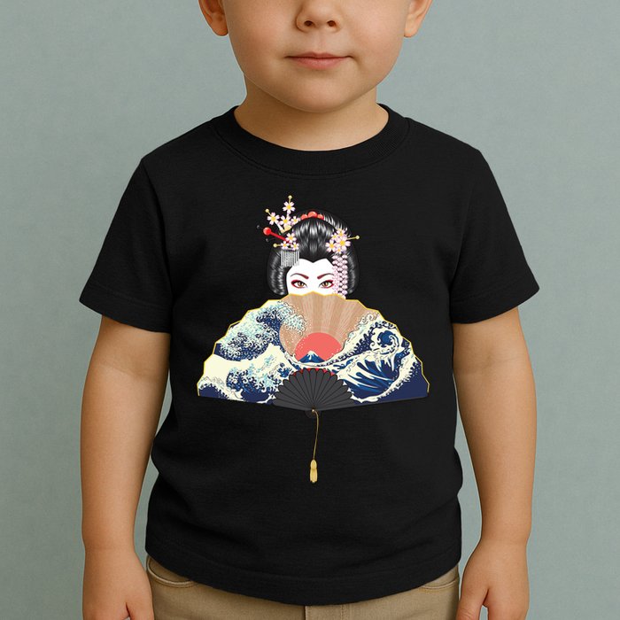 Geisha Hiding Behind Fan Wave Retro Japanese Art Graphic Toddler T-Shirt
