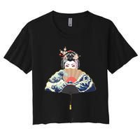 Geisha Hiding Behind Fan Wave Retro Japanese Art Graphic Women's Crop Top Tee