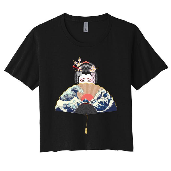 Geisha Hiding Behind Fan Wave Retro Japanese Art Graphic Women's Crop Top Tee