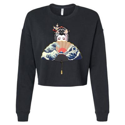 Geisha Hiding Behind Fan Wave Retro Japanese Art Graphic Cropped Pullover Crew
