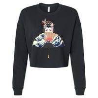 Geisha Hiding Behind Fan Wave Retro Japanese Art Graphic Cropped Pullover Crew