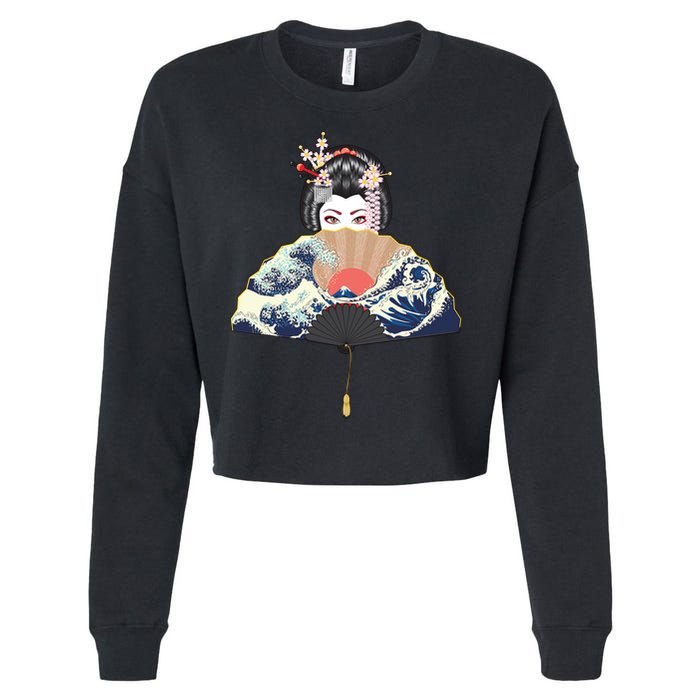 Geisha Hiding Behind Fan Wave Retro Japanese Art Graphic Cropped Pullover Crew