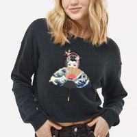 Geisha Hiding Behind Fan Wave Retro Japanese Art Graphic Cropped Pullover Crew