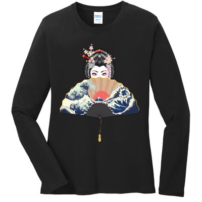 Geisha Hiding Behind Fan Wave Retro Japanese Art Graphic Ladies Long Sleeve Shirt