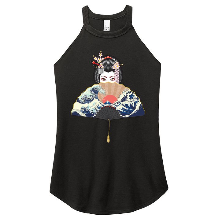 Geisha Hiding Behind Fan Wave Retro Japanese Art Graphic Women's Perfect Tri Rocker Tank