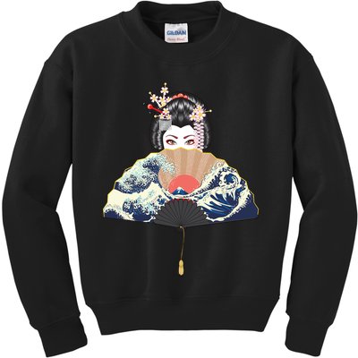 Geisha Hiding Behind Fan Wave Retro Japanese Art Graphic Kids Sweatshirt