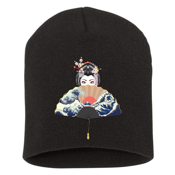 Geisha Hiding Behind Fan Wave Retro Japanese Art Graphic Short Acrylic Beanie
