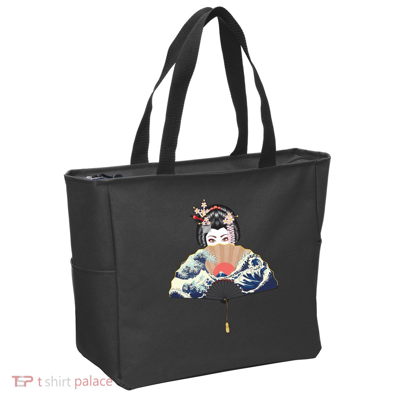 Geisha Hiding Behind Fan Wave Retro Japanese Art Graphic Zip Tote Bag
