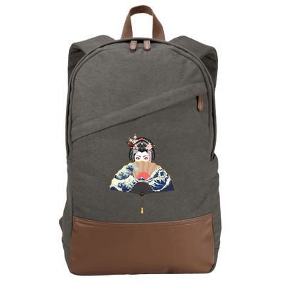 Geisha Hiding Behind Fan Wave Retro Japanese Art Graphic Cotton Canvas Backpack