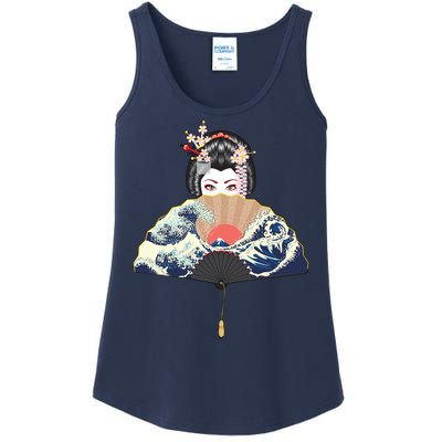 Geisha Hiding Behind Fan Wave Retro Japanese Art Graphic Ladies Essential Tank