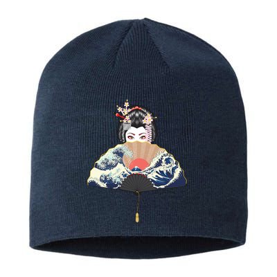 Geisha Hiding Behind Fan Wave Retro Japanese Art Graphic Sustainable Beanie