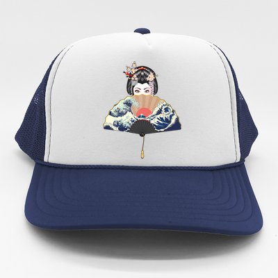 Geisha Hiding Behind Fan Wave Retro Japanese Art Graphic Trucker Hat