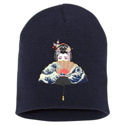 Geisha Hiding Behind Fan Wave Retro Japanese Art Graphic Short Acrylic Beanie