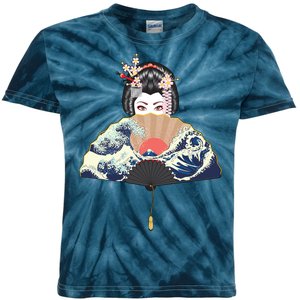 Geisha Hiding Behind Fan Wave Retro Japanese Art Graphic Kids Tie-Dye T-Shirt