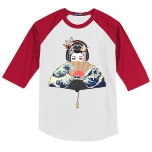 Geisha Hiding Behind Fan Wave Retro Japanese Art Graphic Kids Colorblock Raglan Jersey