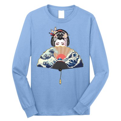 Geisha Hiding Behind Fan Wave Retro Japanese Art Graphic Long Sleeve Shirt