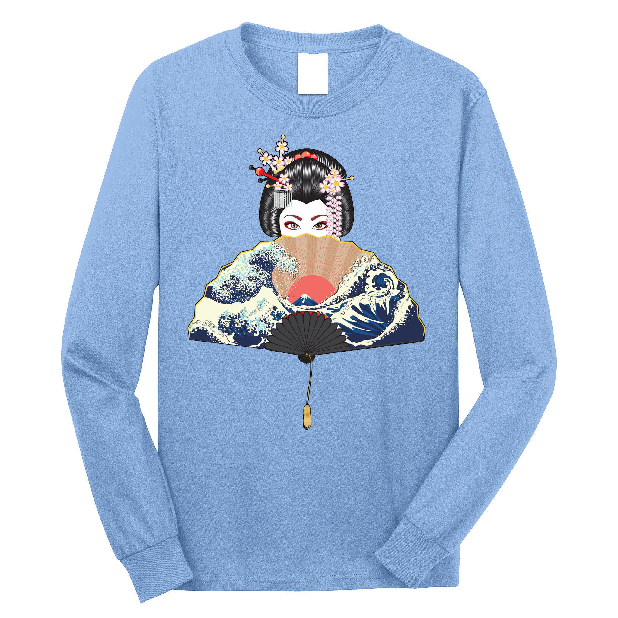 Geisha Hiding Behind Fan Wave Retro Japanese Art Graphic Long Sleeve Shirt