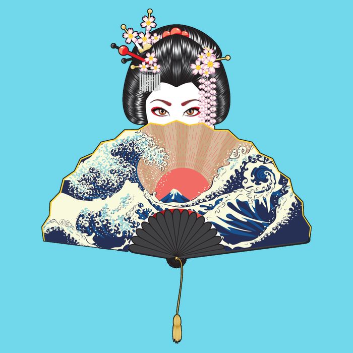 Geisha Hiding Behind Fan Wave Retro Japanese Art Graphic Long Sleeve Shirt