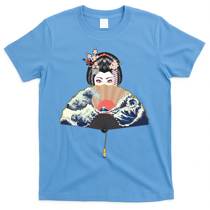Geisha Hiding Behind Fan Wave Retro Japanese Art Graphic T-Shirt