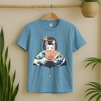 Geisha Hiding Behind Fan Wave Retro Japanese Art Graphic T-Shirt