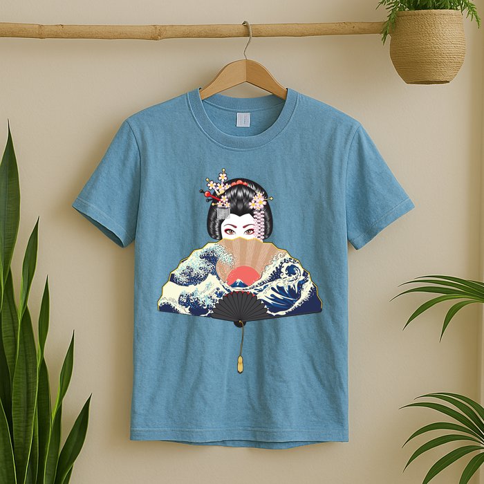 Geisha Hiding Behind Fan Wave Retro Japanese Art Graphic T-Shirt