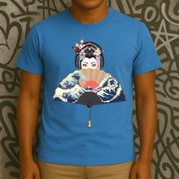 Geisha Hiding Behind Fan Wave Retro Japanese Art Graphic T-Shirt