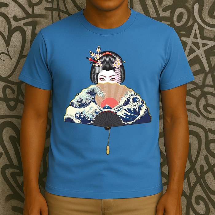 Geisha Hiding Behind Fan Wave Retro Japanese Art Graphic T-Shirt