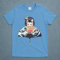 Geisha Hiding Behind Fan Wave Retro Japanese Art Graphic T-Shirt