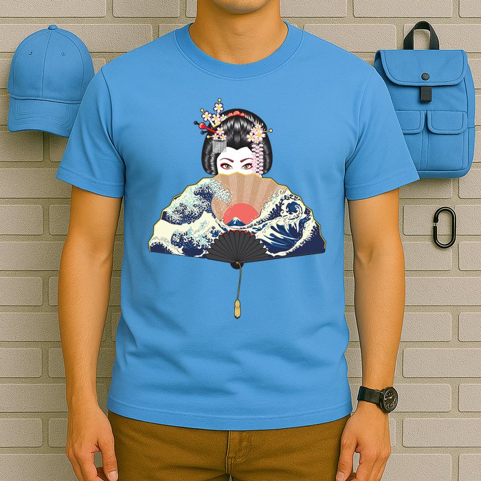 Geisha Hiding Behind Fan Wave Retro Japanese Art Graphic T-Shirt