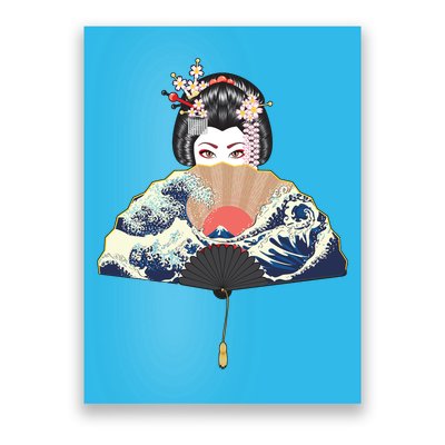 Geisha Hiding Behind Fan Wave Retro Japanese Art Graphic Poster