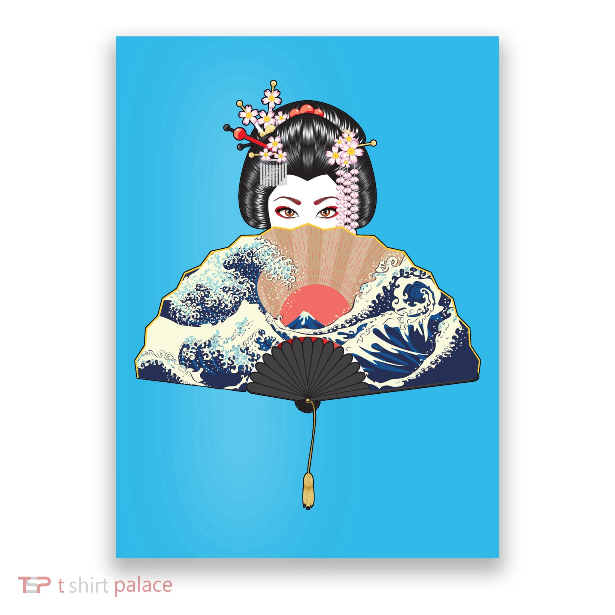 Geisha Hiding Behind Fan Wave Retro Japanese Art Graphic Poster