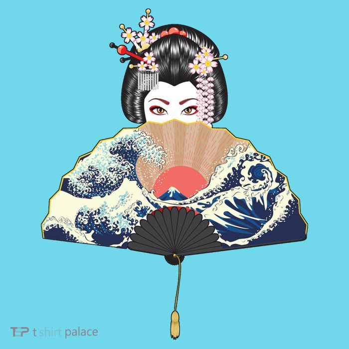 Geisha Hiding Behind Fan Wave Retro Japanese Art Graphic Poster