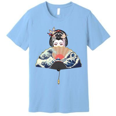 Geisha Hiding Behind Fan Wave Retro Japanese Art Graphic Premium T-Shirt