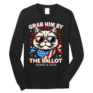 Grab Him By The Ballot Kamala 2024 Cat Lady Usa Flag Design Long Sleeve Shirt