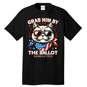 Grab Him By The Ballot Kamala 2024 Cat Lady Usa Flag Design Tall T-Shirt