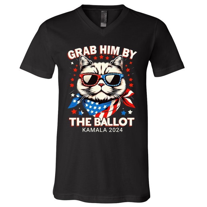 Grab Him By The Ballot Kamala 2024 Cat Lady Usa Flag Design V-Neck T-Shirt