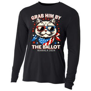 Grab Him By The Ballot Kamala 2024 Cat Lady Usa Flag Design Cooling Performance Long Sleeve Crew