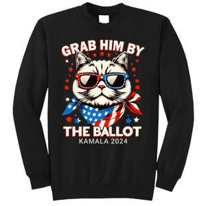 Grab Him By The Ballot Kamala 2024 Cat Lady Usa Flag Design Tall Sweatshirt