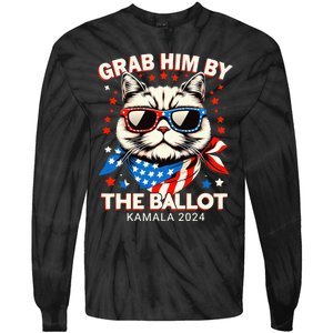 Grab Him By The Ballot Kamala 2024 Cat Lady Usa Flag Design Tie-Dye Long Sleeve Shirt