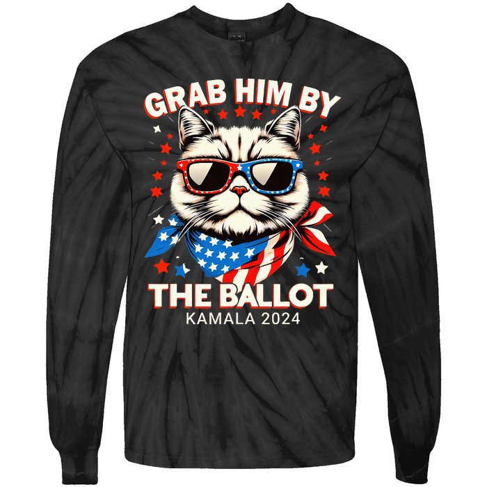 Grab Him By The Ballot Kamala 2024 Cat Lady Usa Flag Design Tie-Dye Long Sleeve Shirt