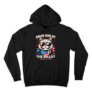 Grab Him By The Ballot Kamala 2024 Cat Lady Usa Flag Design Tall Hoodie