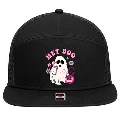 Groovy Hey Boo Cute Ghost Funny Halloween Girl Kids 7 Panel Mesh Trucker Snapback Hat