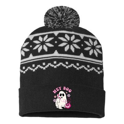 Groovy Hey Boo Cute Ghost Funny Halloween Girl Kids USA-Made Snowflake Beanie