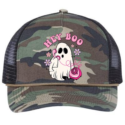 Groovy Hey Boo Cute Ghost Funny Halloween Girl Kids Retro Rope Trucker Hat Cap